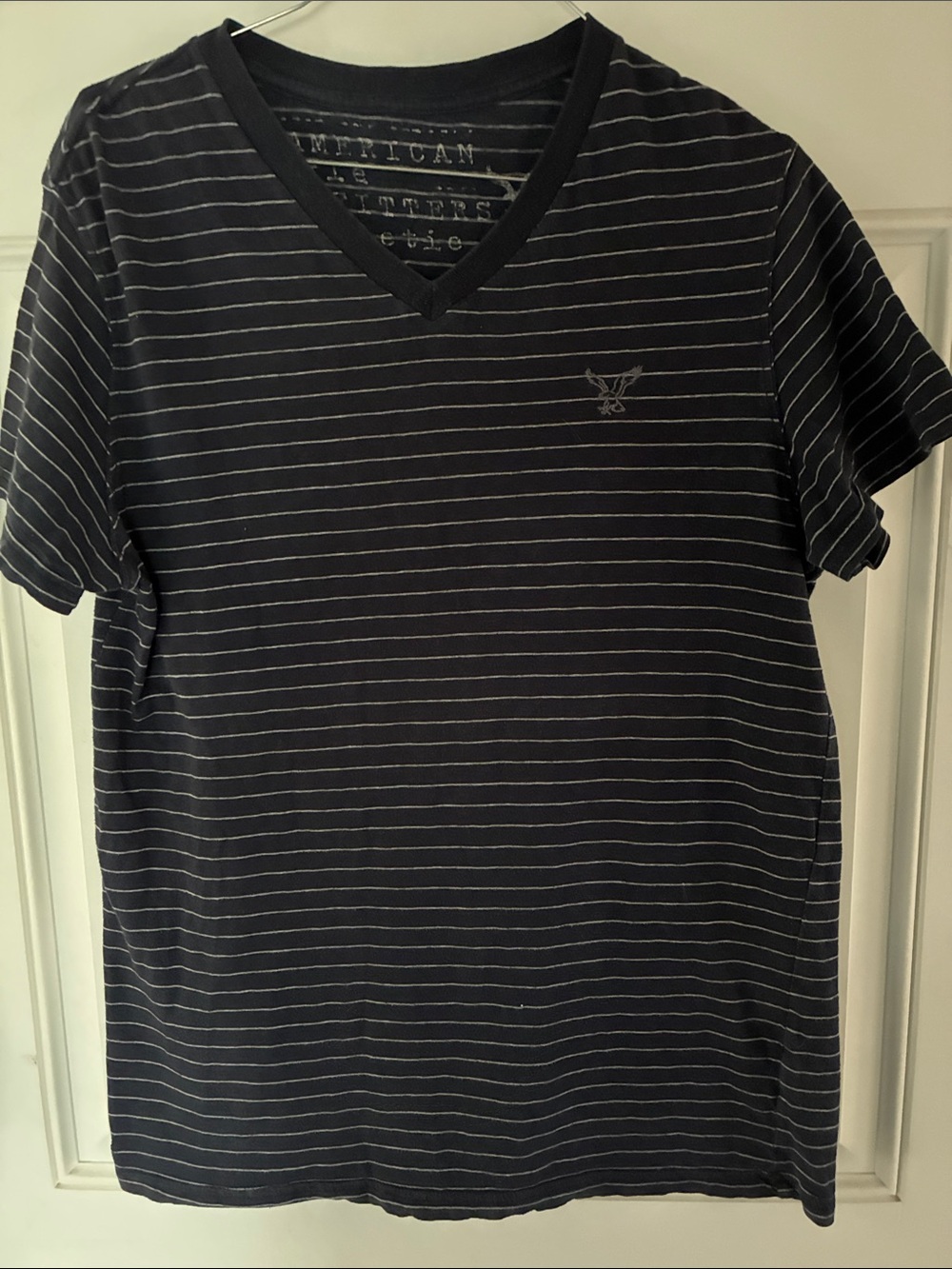 American Eagle Outfitters Black V-Neck Tee with Thin Gray Stripes